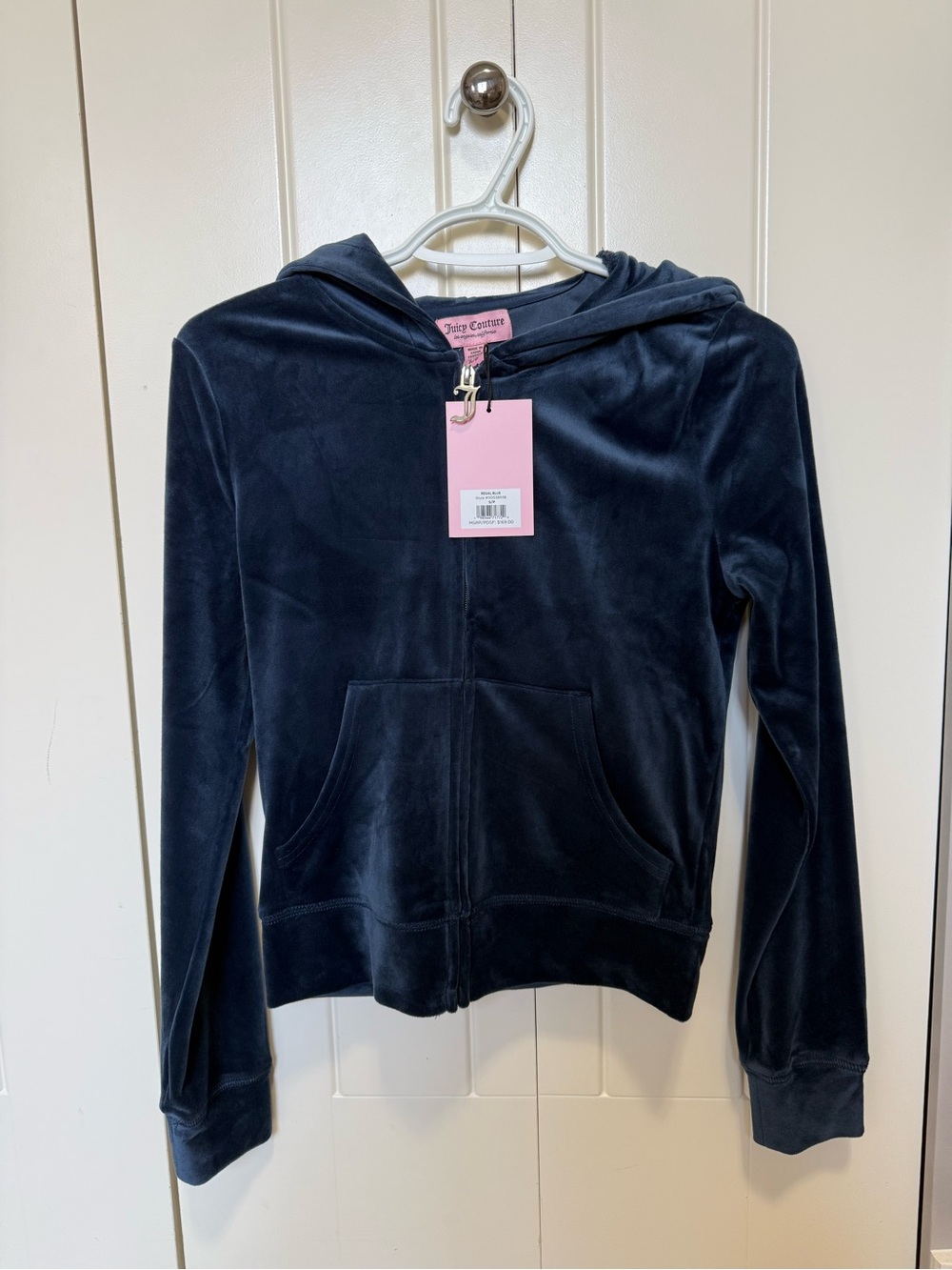 Juicy Couture Navy Velour Zip-Up Hoodie with Hood and Signature “J” Zipper NWT